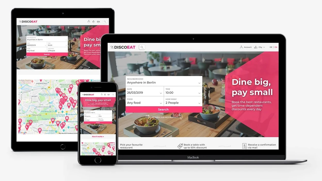 DiscoEat homepage showing the main search entry and discounted dining positioning across desktop, tablet, and mobile