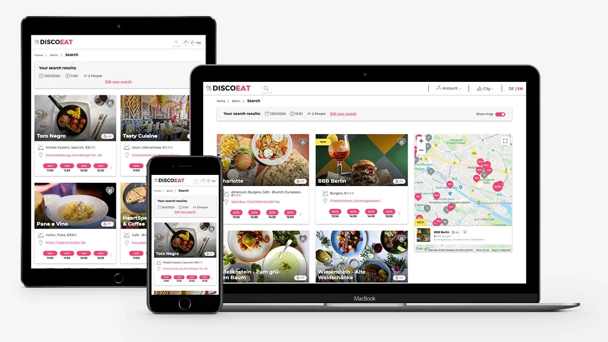 DiscoEat search results view combining restaurant cards, map context, and discount comparison cues