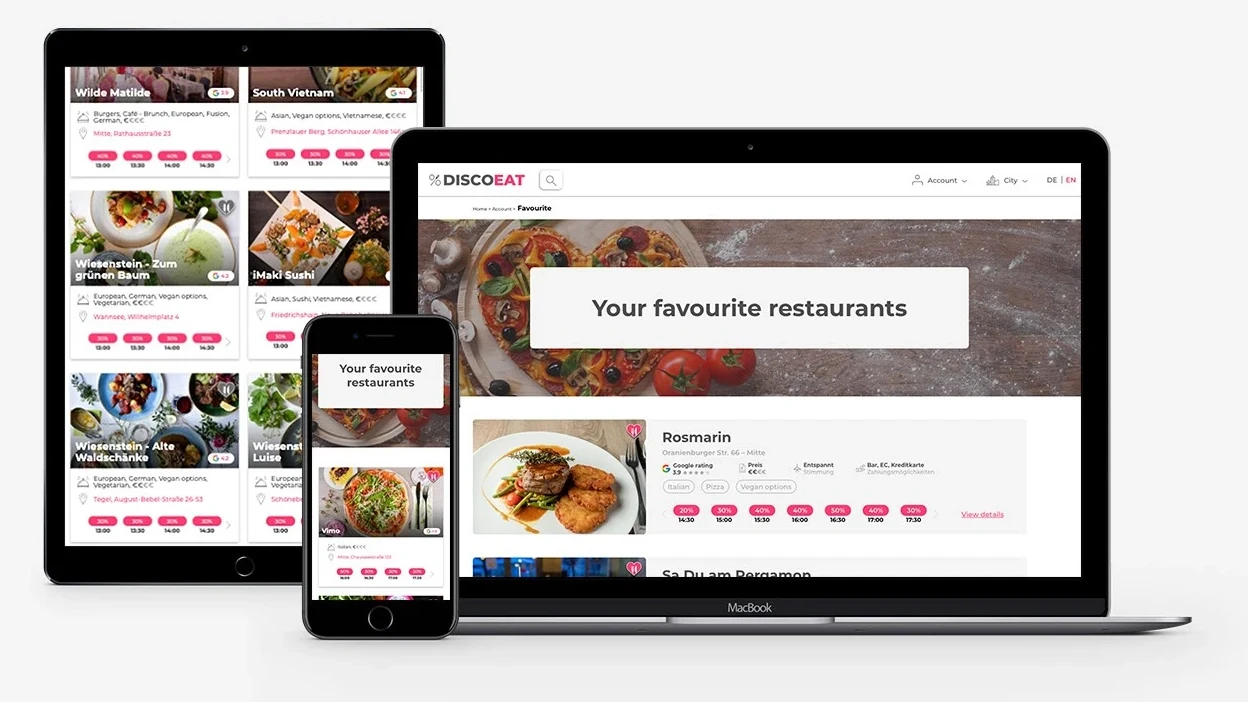 DiscoEat favourites view showing saved restaurants and scannable offer comparison across devices