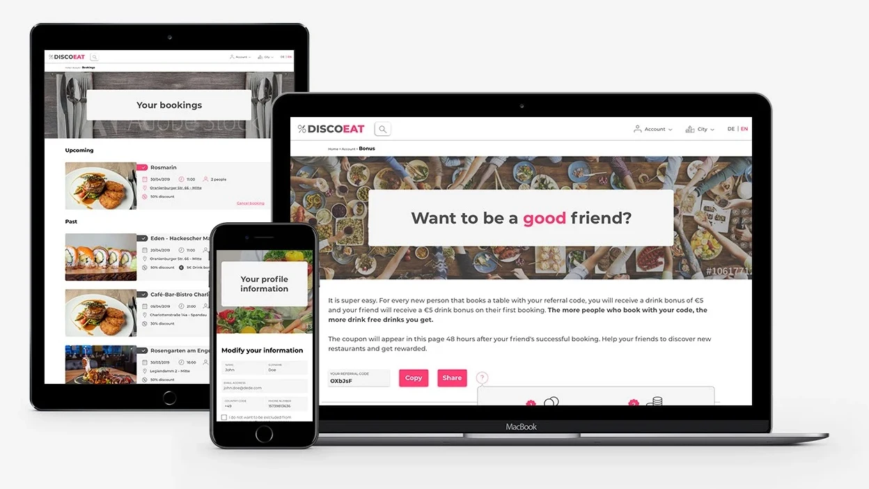 DiscoEat booking history, profile, and bonus-related account touchpoints shown across responsive surfaces