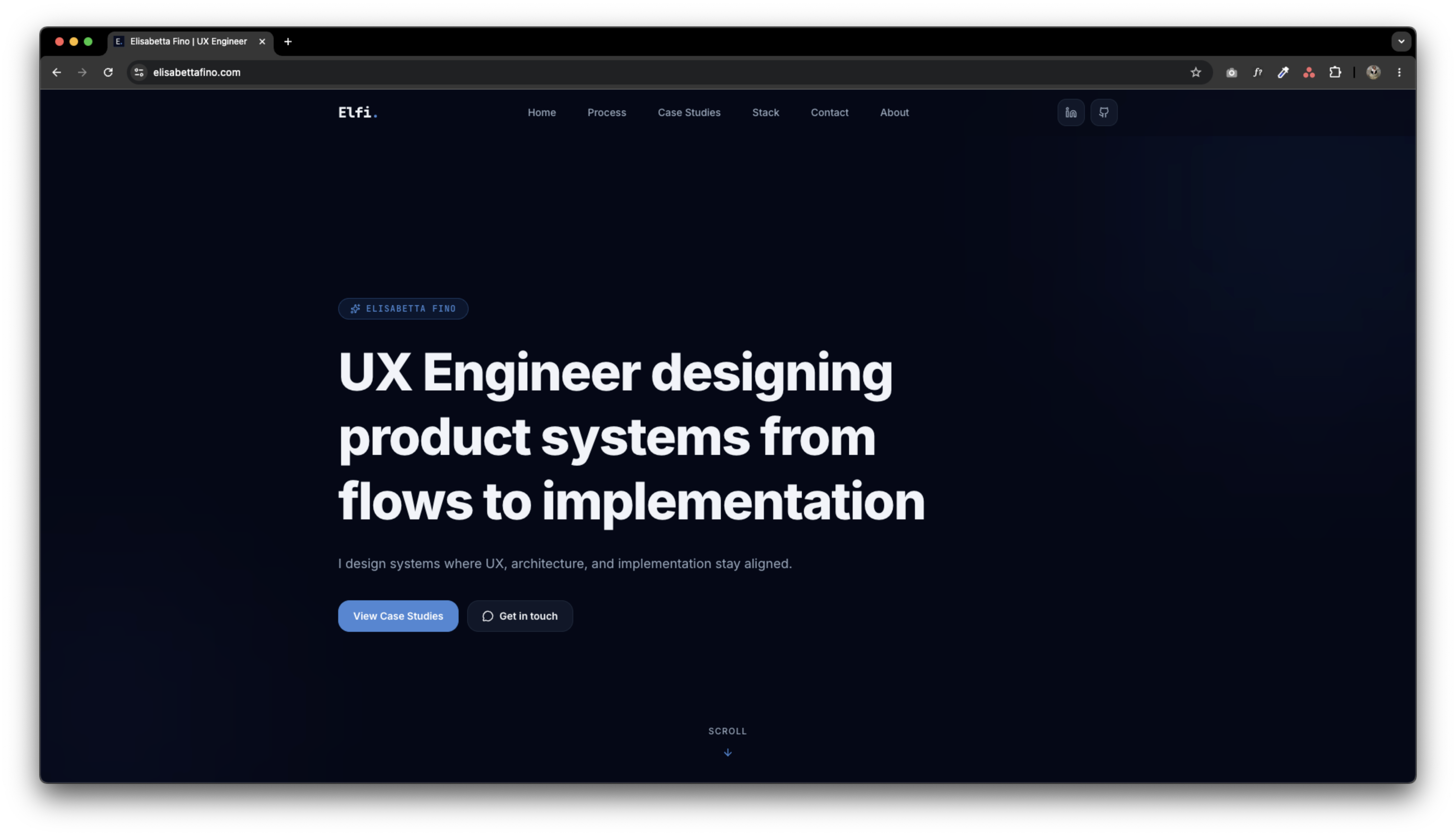 Elfi portfolio homepage showing product-system positioning and navigation structure