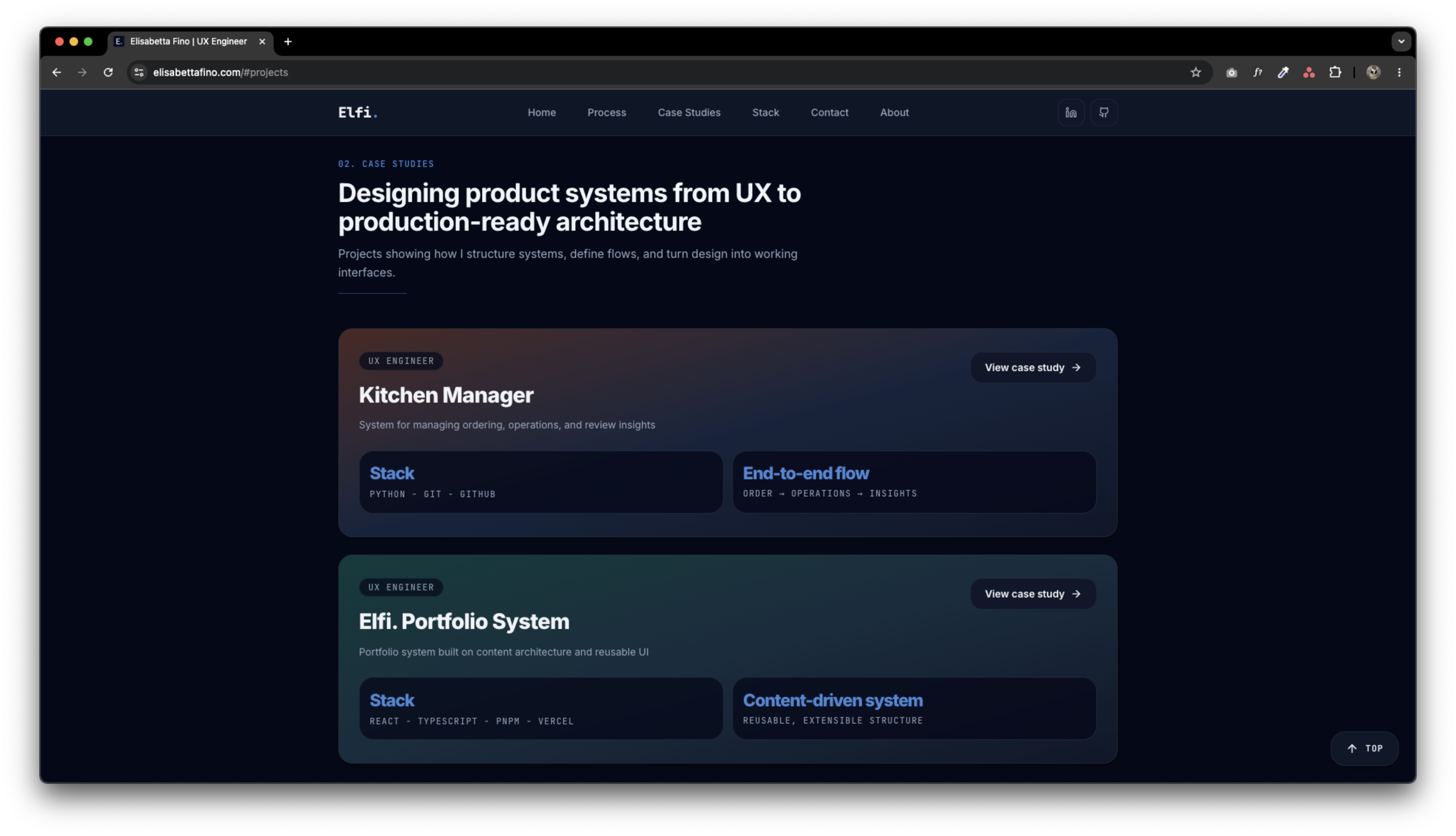Elfi portfolio case studies overview showing the public case-study system