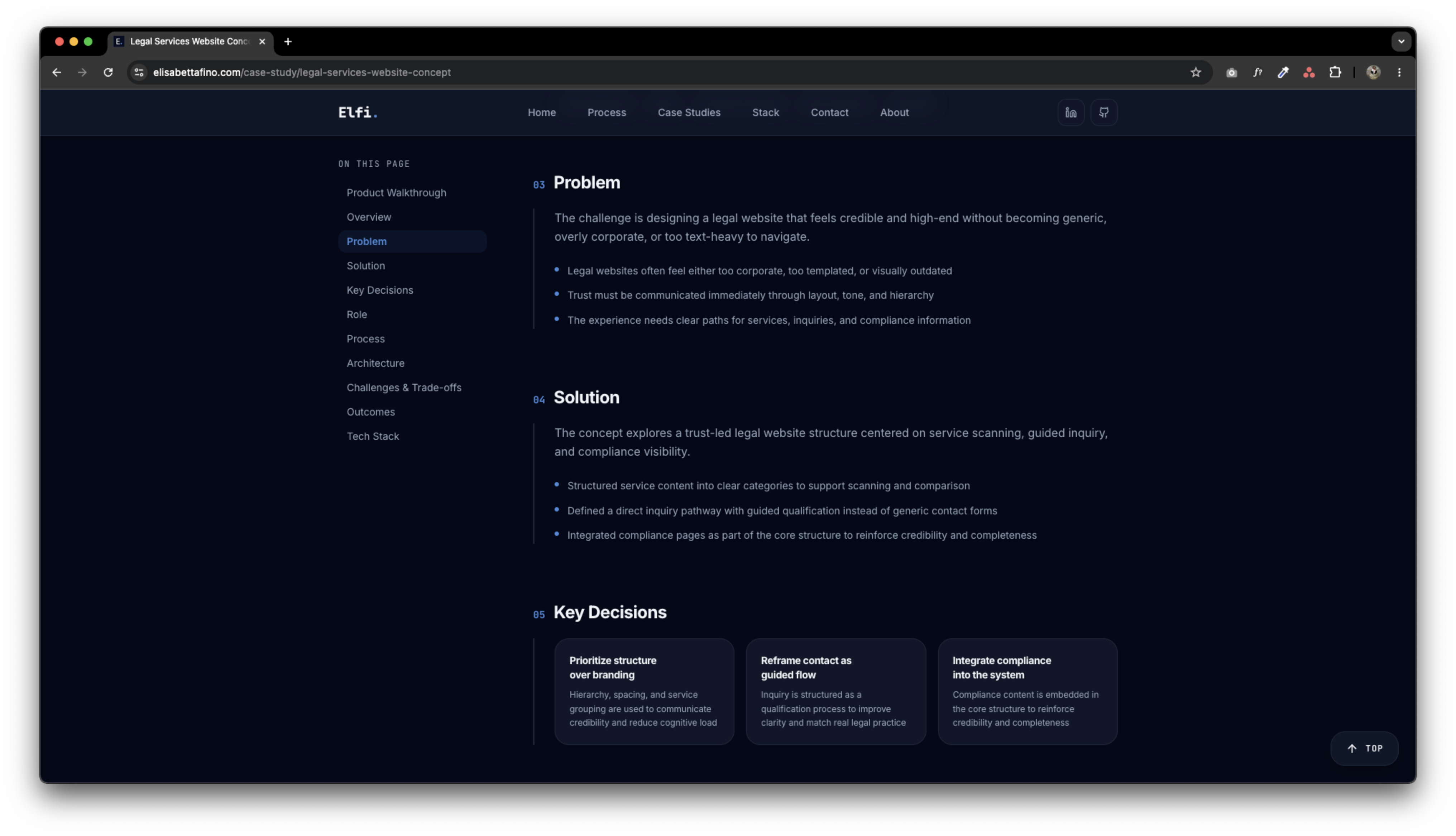 Elfi portfolio legal-services case study showing the reusable case-study structure