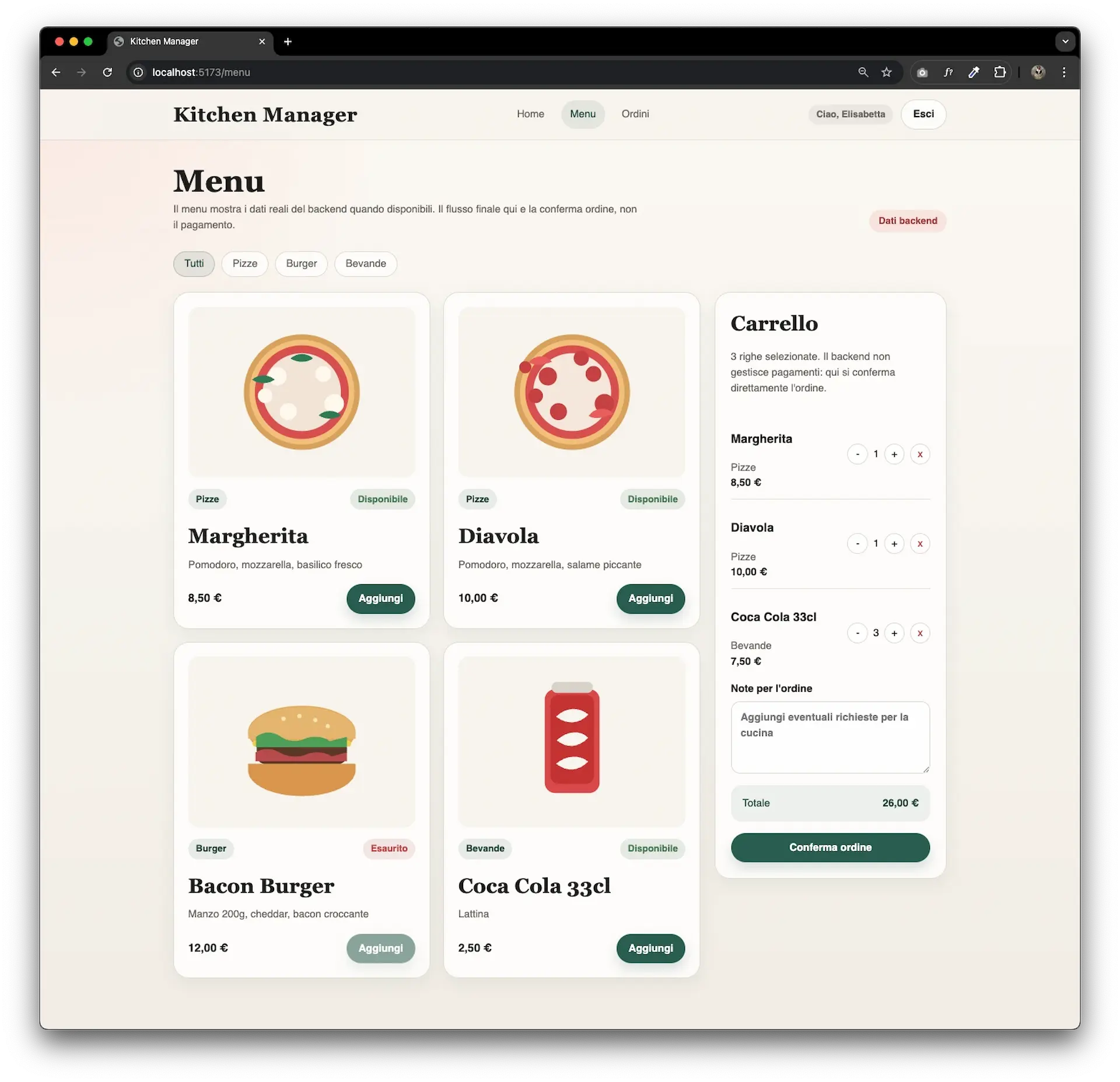 Kitchen Manager public menu with category filters, dish cards, and cart flow