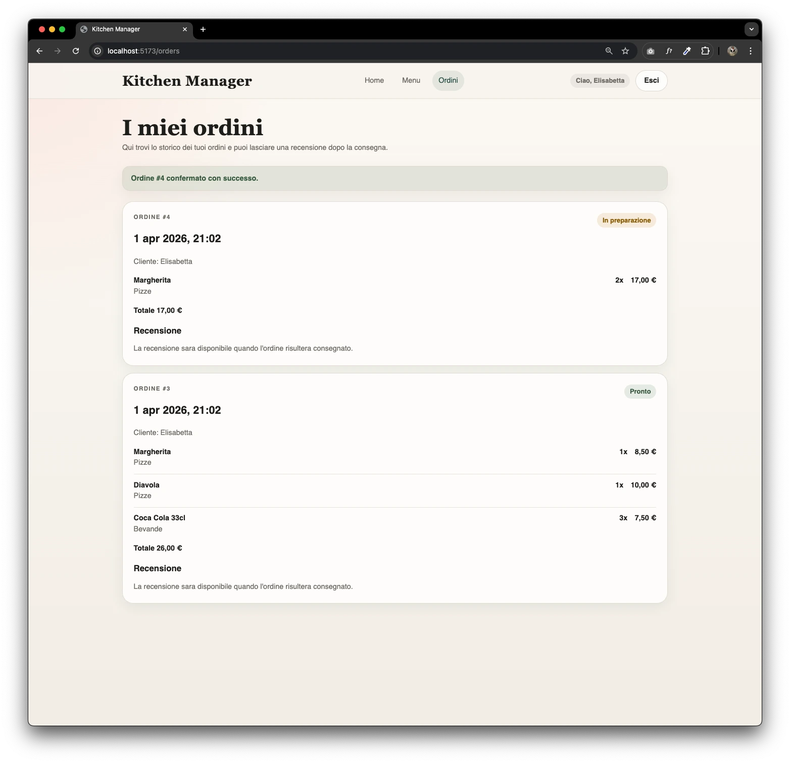 Kitchen Manager customer order history screen showing order states and review availability