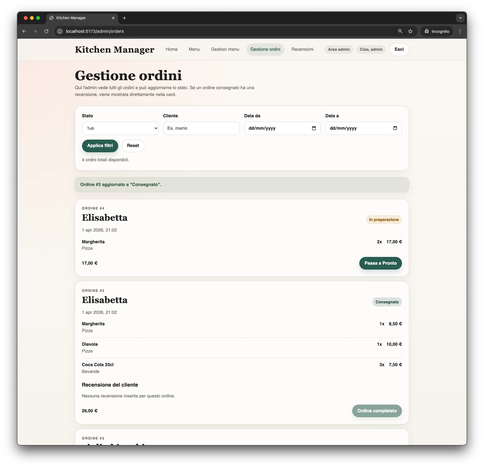 Kitchen Manager admin order management dashboard with order state updates