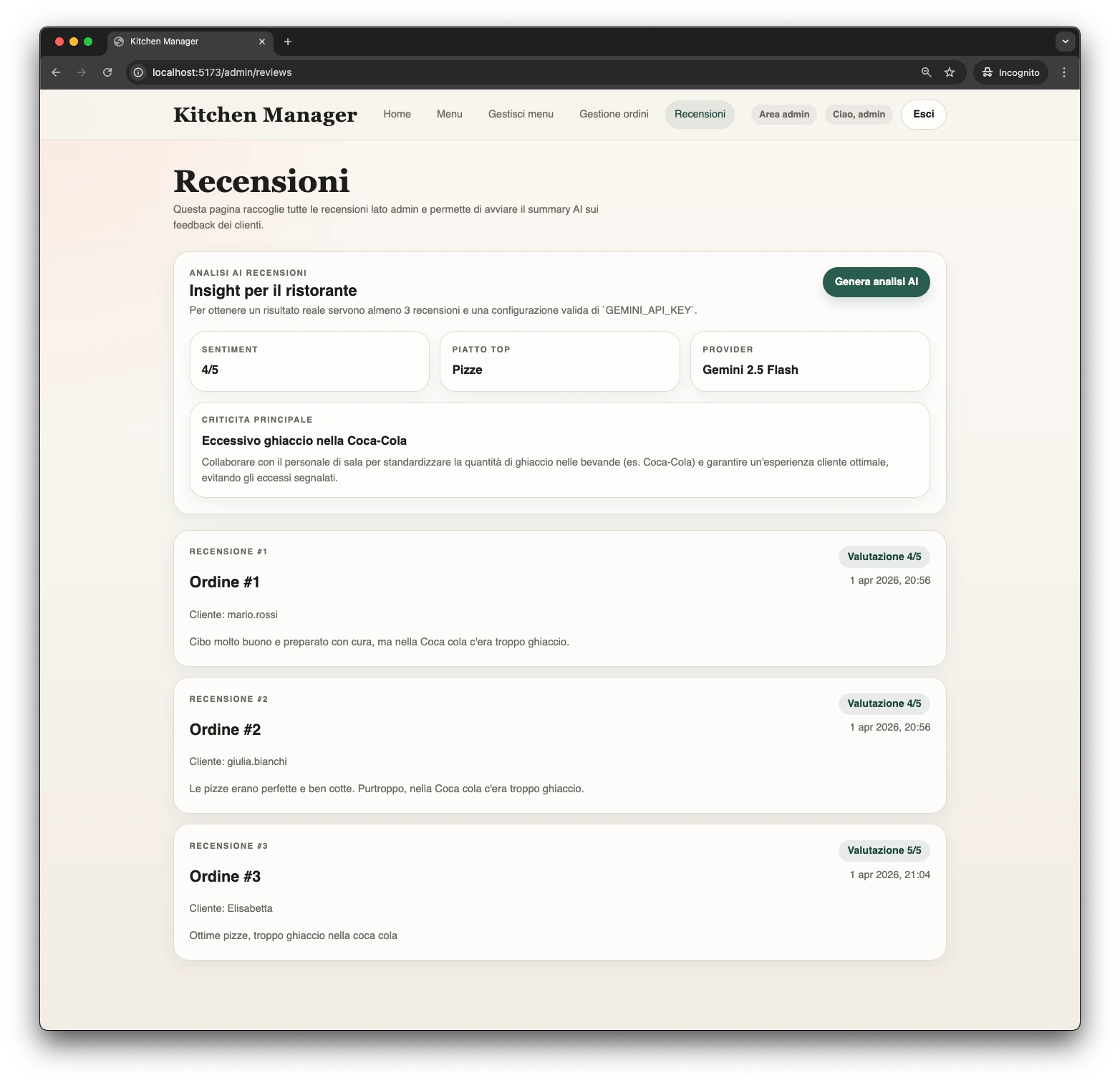 Kitchen Manager admin reviews page with Gemini-powered review summary