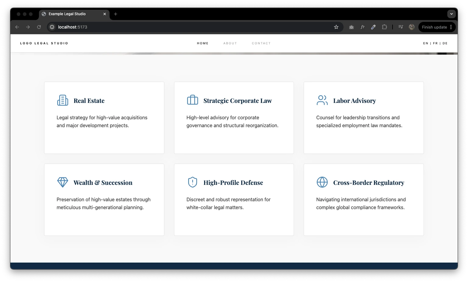 Lawyer Template practice area grid showing legal service categories