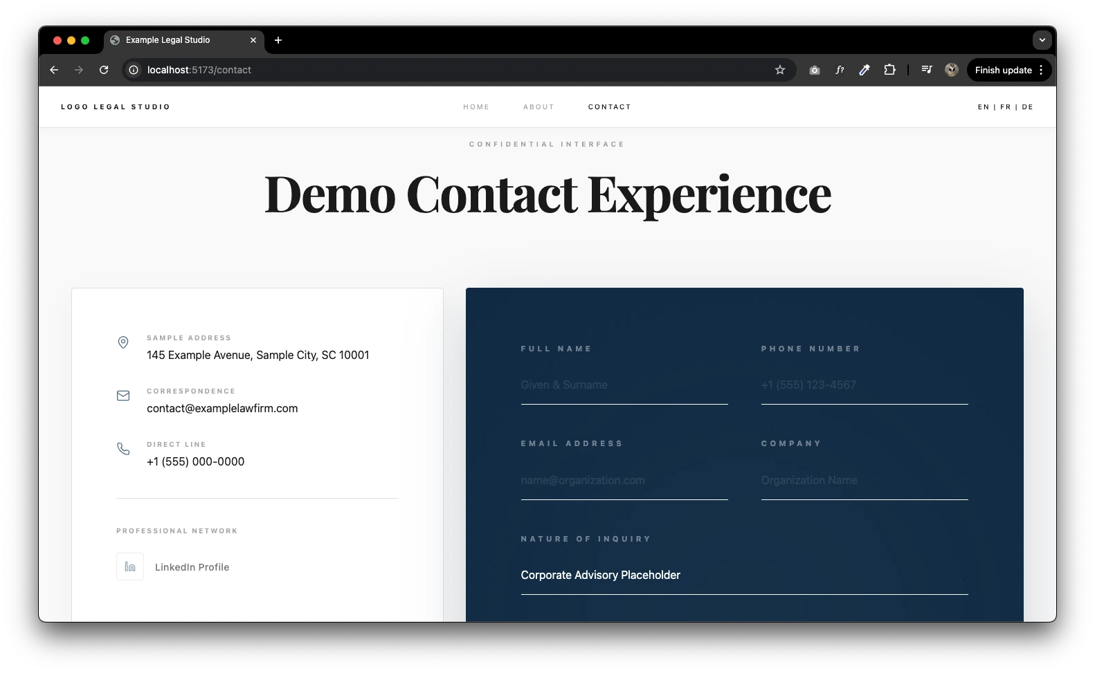 Lawyer Template contact page with consultation form and contact details