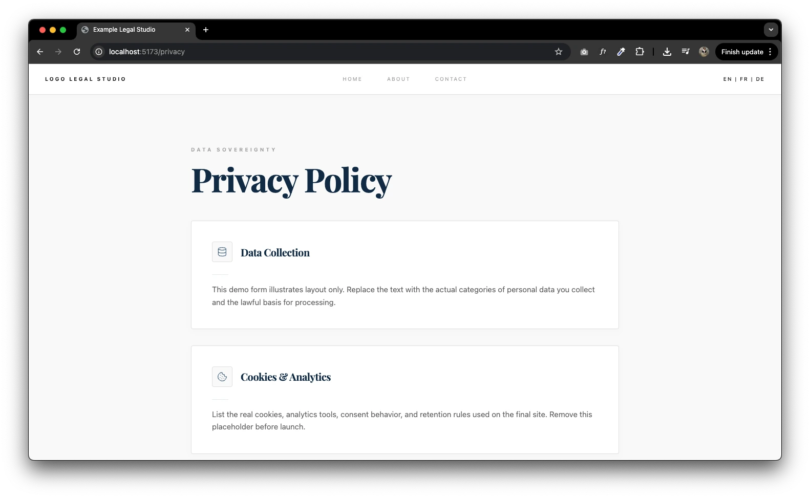 Lawyer Template privacy policy page showing compliance-oriented content structure
