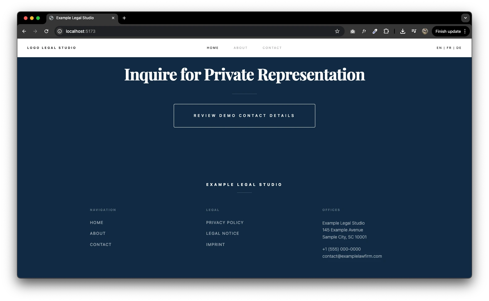 Lawyer Template footer with contact CTA, navigation, legal links, and office details