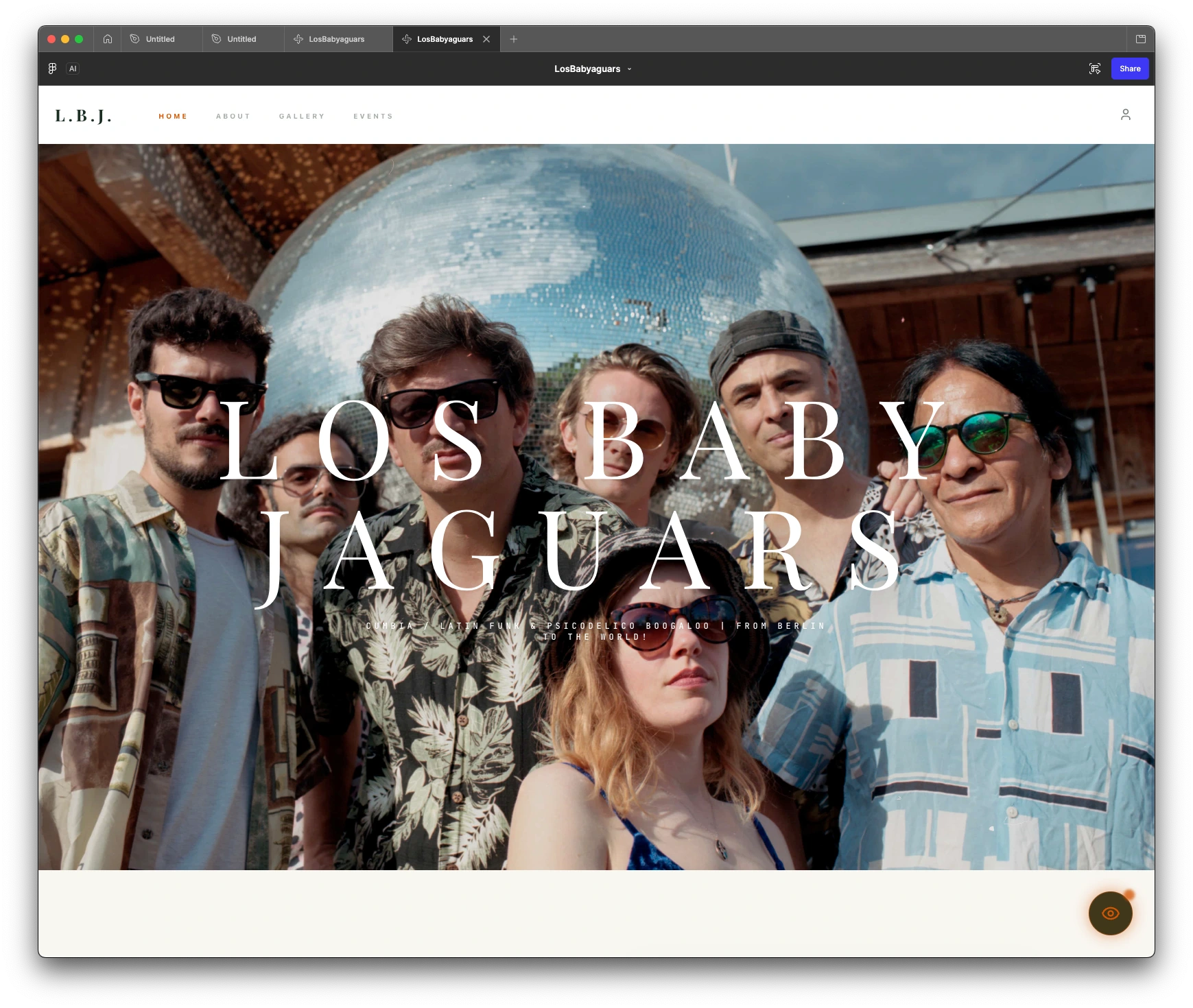 Los Baby Jaguars homepage hero with band photography and oversized editorial typography