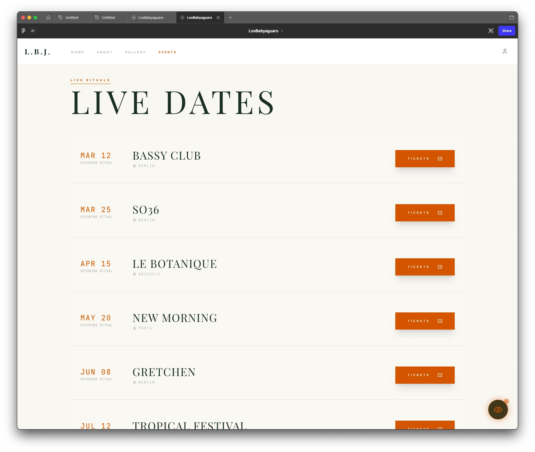 Los Baby Jaguars events page with live dates and ticket calls to action