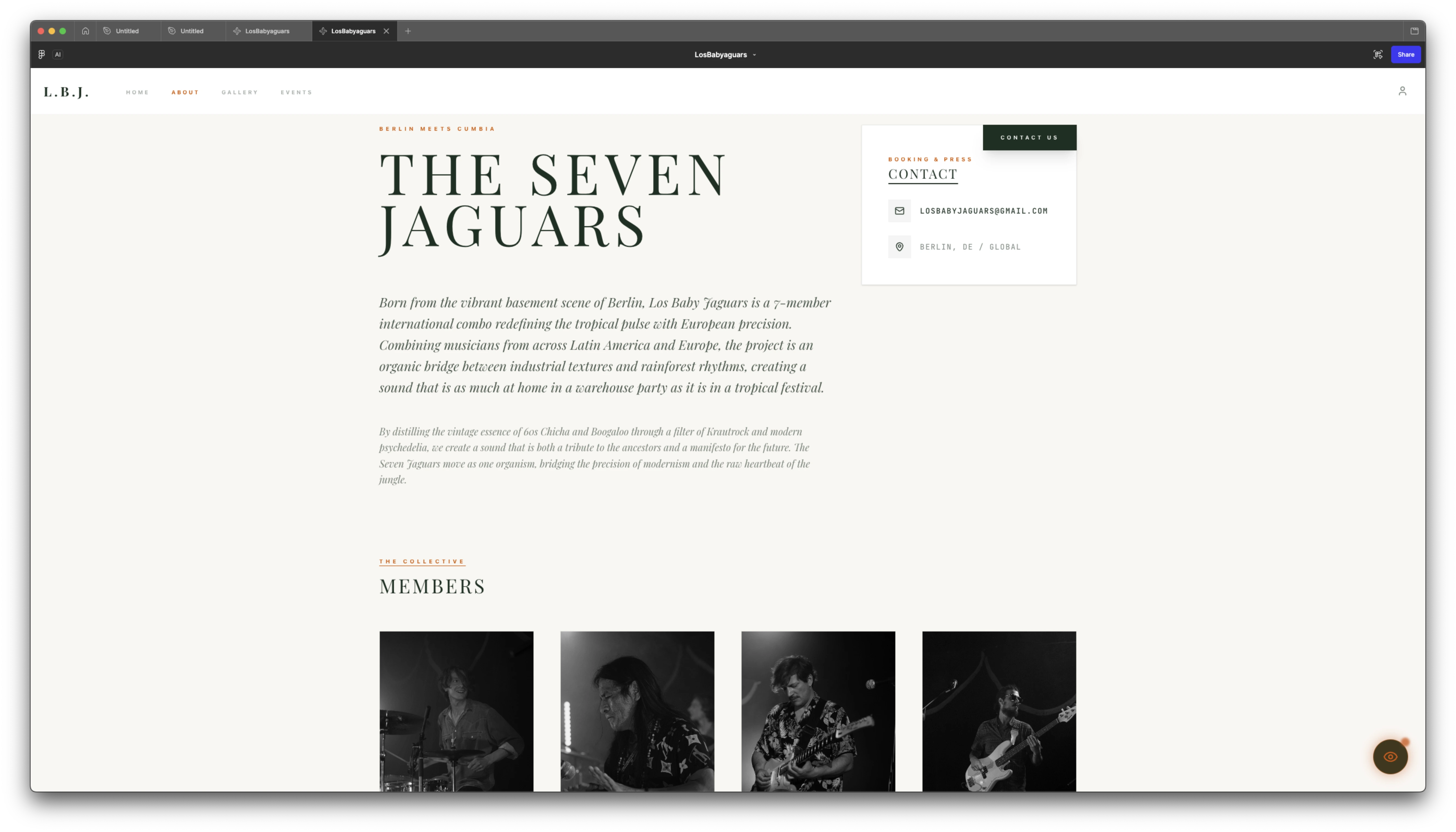 Los Baby Jaguars about page showing band identity, editorial layout, and member section