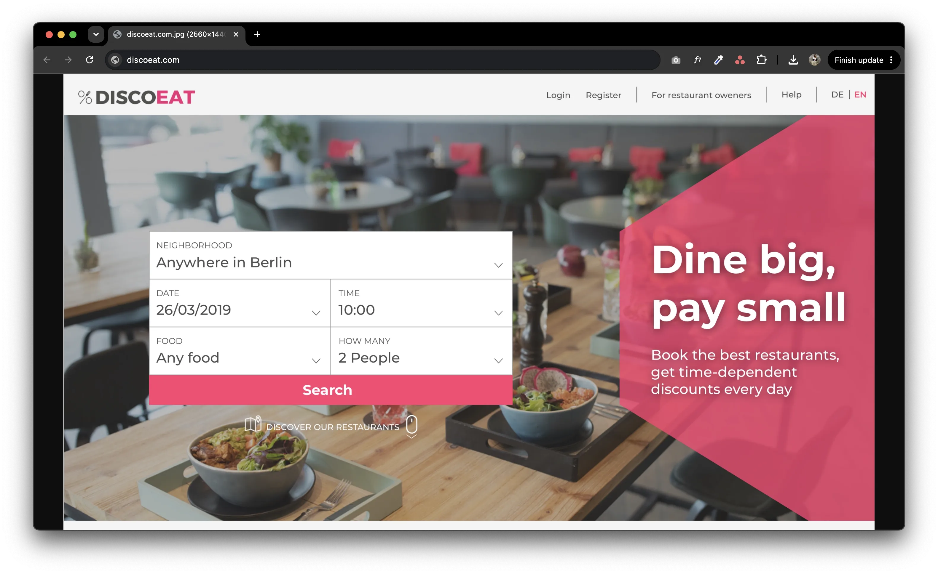 DiscoEat homepage with restaurant search, booking inputs, and offer-led hero messaging