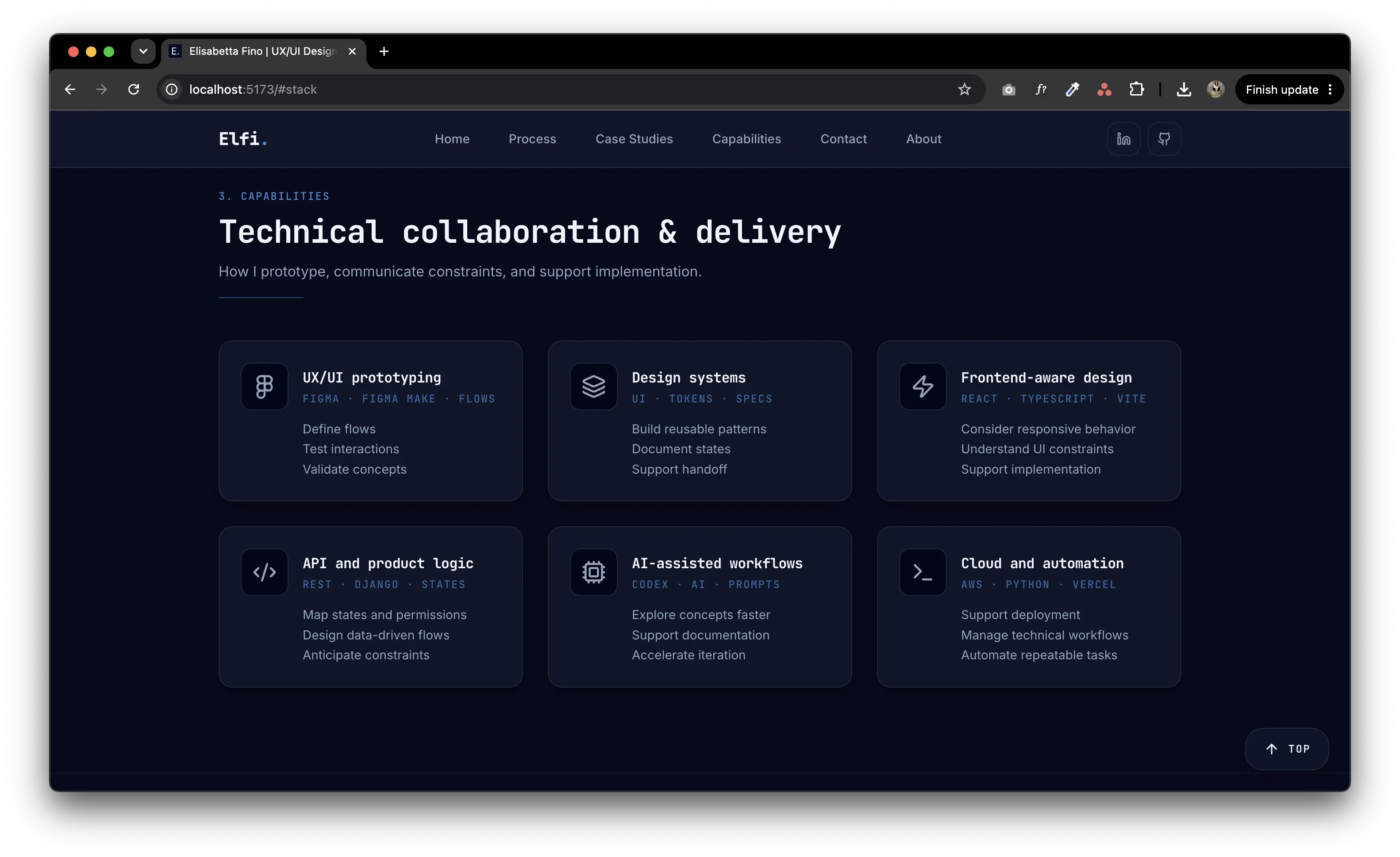 Elfi portfolio homepage showing navigation and the technical capabilities section
