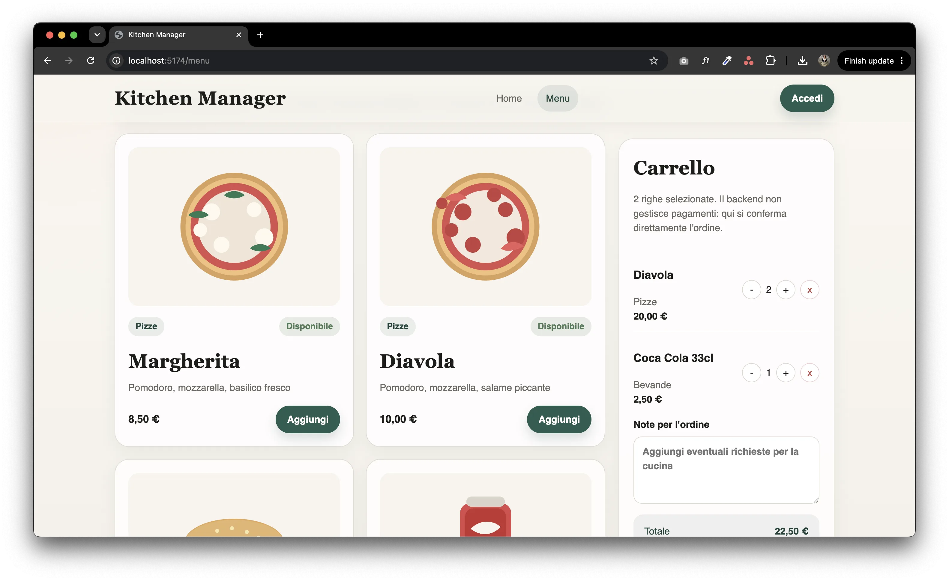 Kitchen Manager menu and cart experience showing product cards, pricing, and order composition