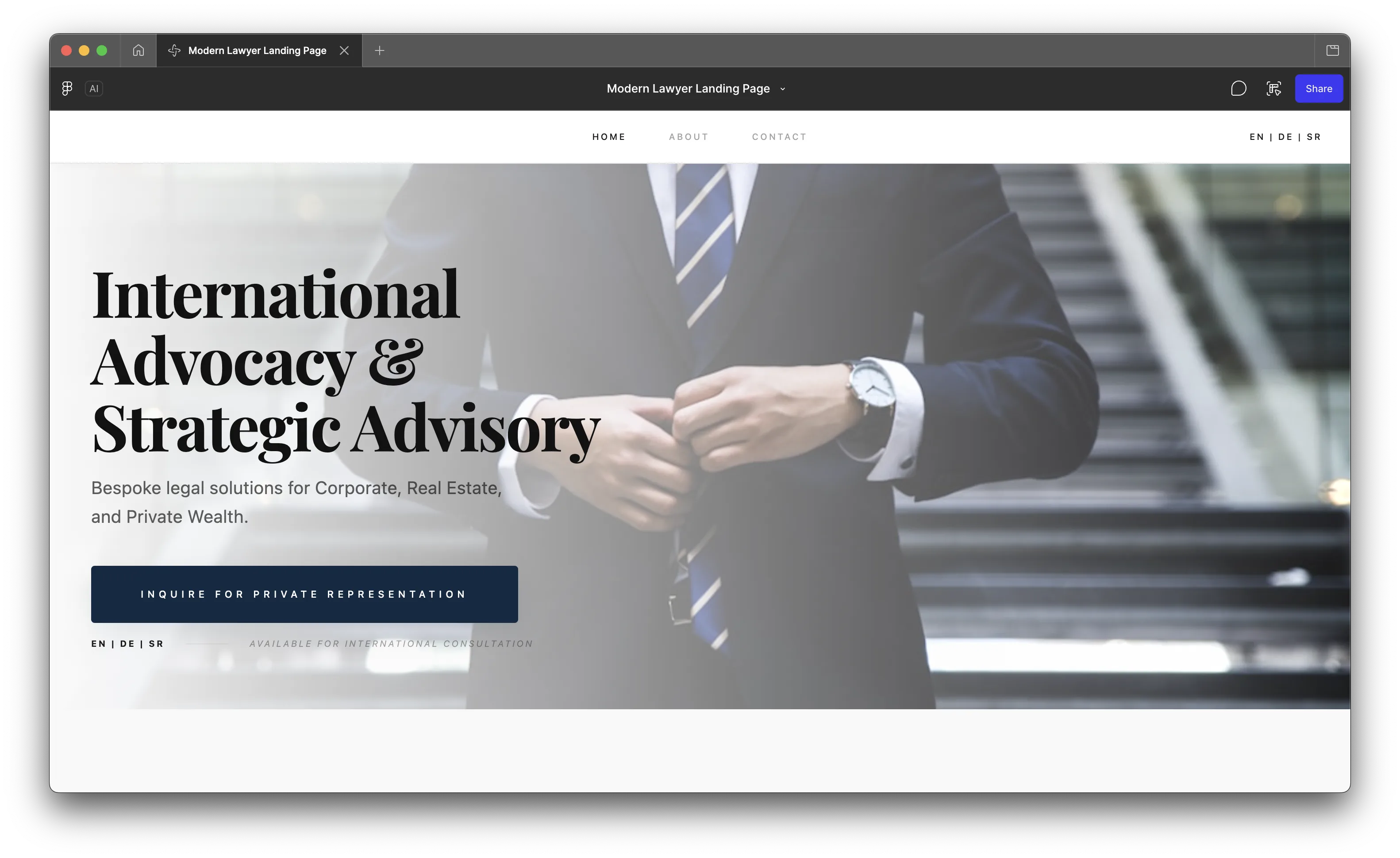 Legal services website concept with editorial hero layout and trust-focused call to action