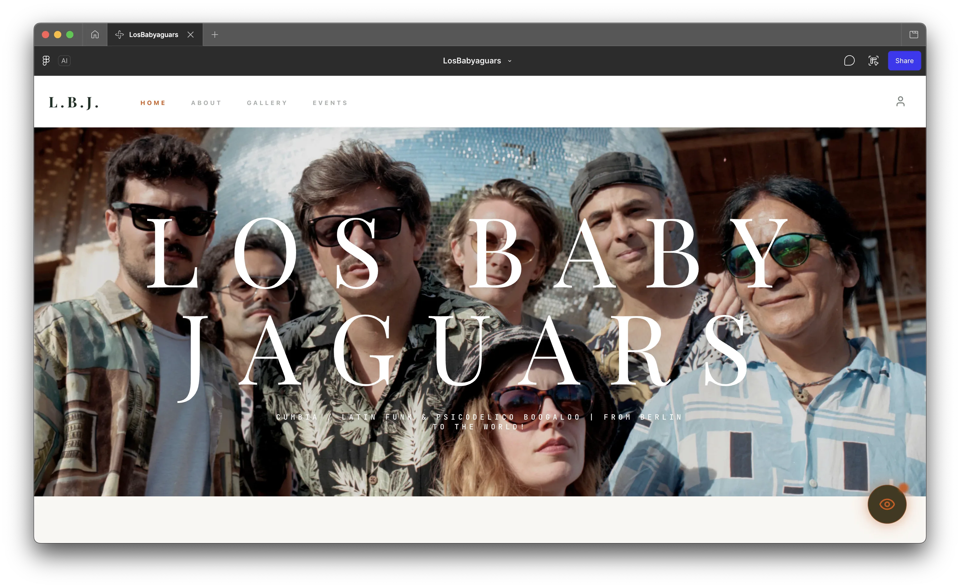 Los Baby Jaguars homepage featuring bold typography, navigation, and band photography